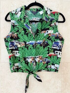 Vintage Roper Horse Trailer Novelty Print Sleeveless Cropped Tie Front Size M